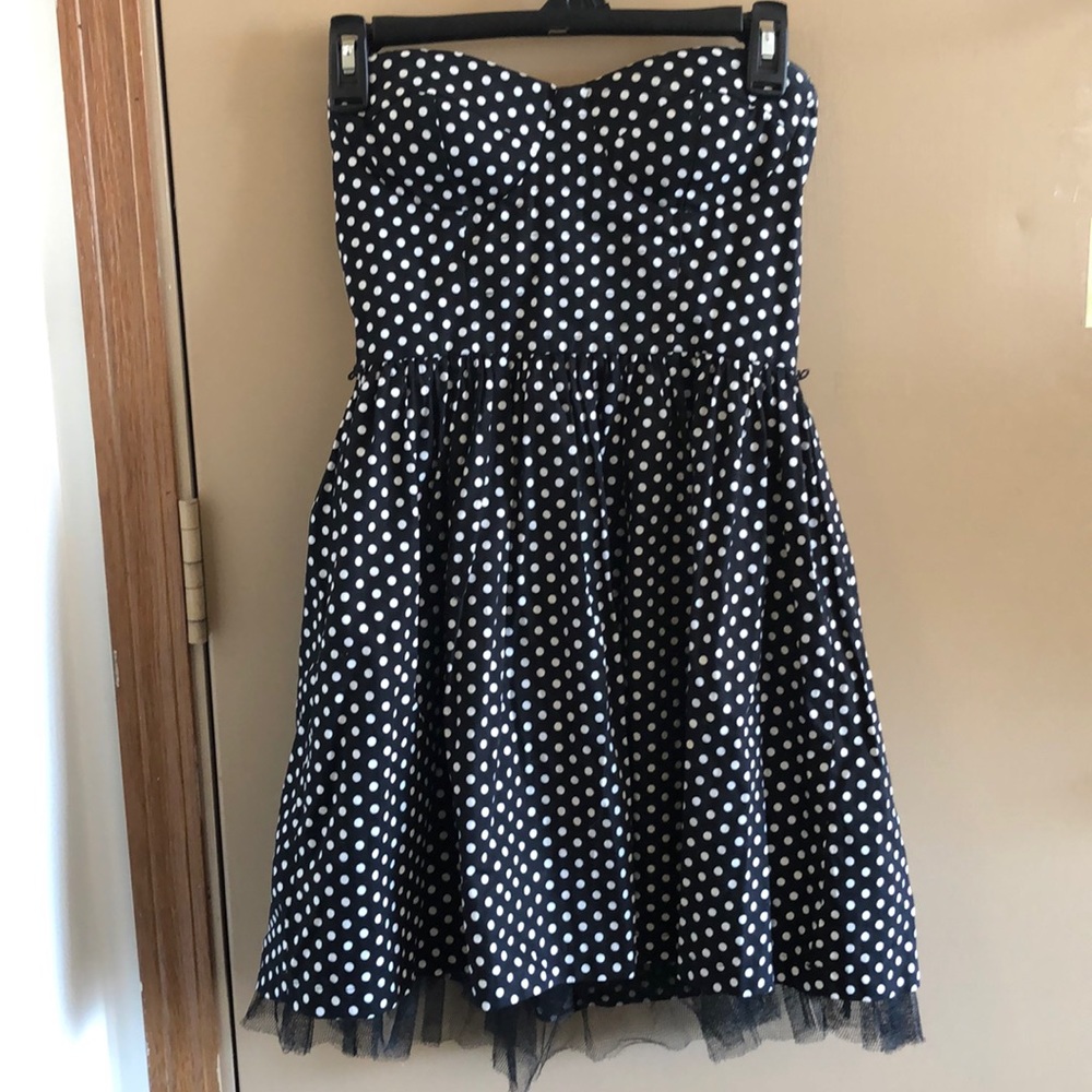 Black and white polka dot strapless dress